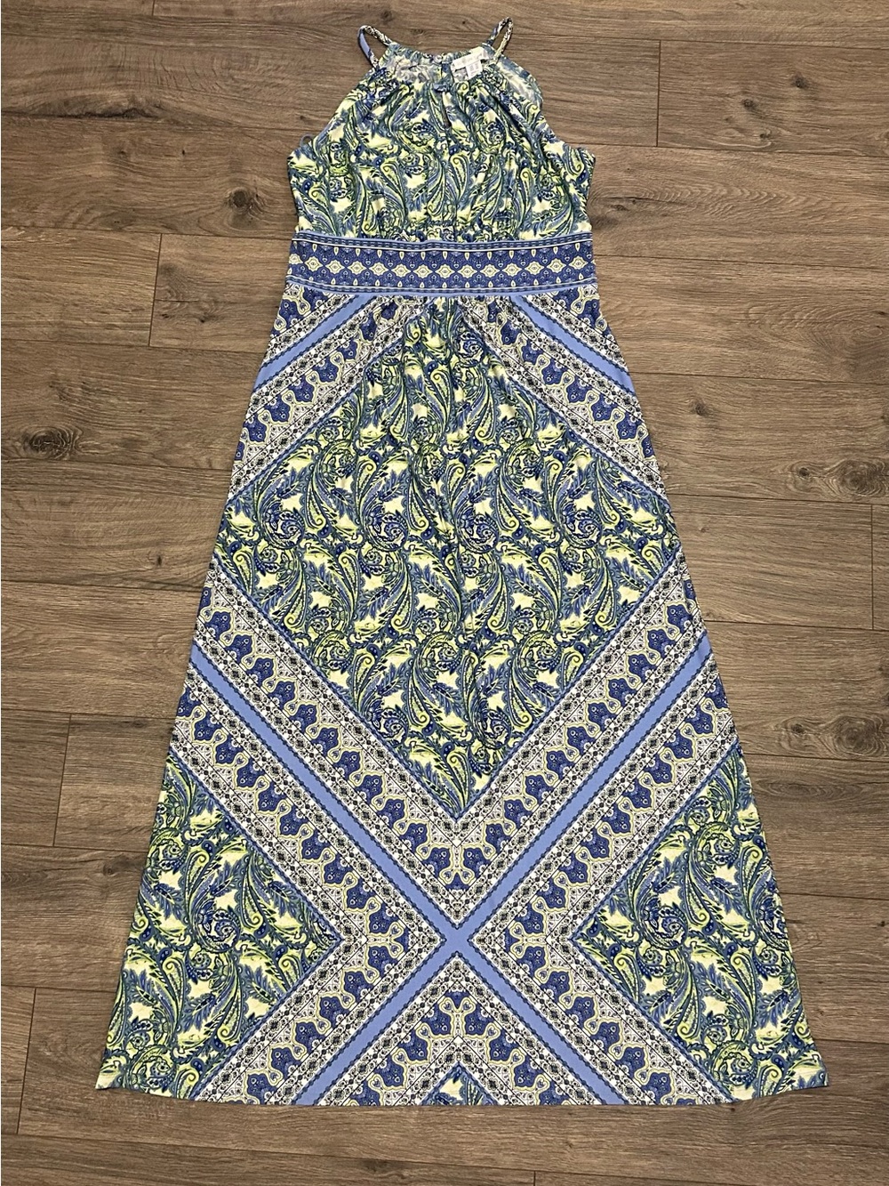 London Times Blue & Yellow Paisley Halter Maxi Dress